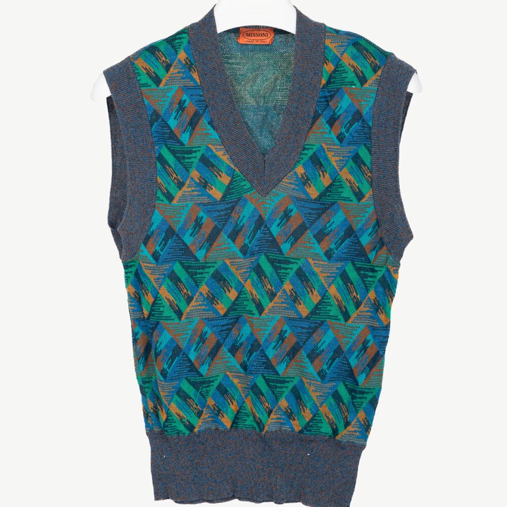 Missoni 80's-Vintage Teal & Blue Cotton Triangle-Jacquard Sweater Vest